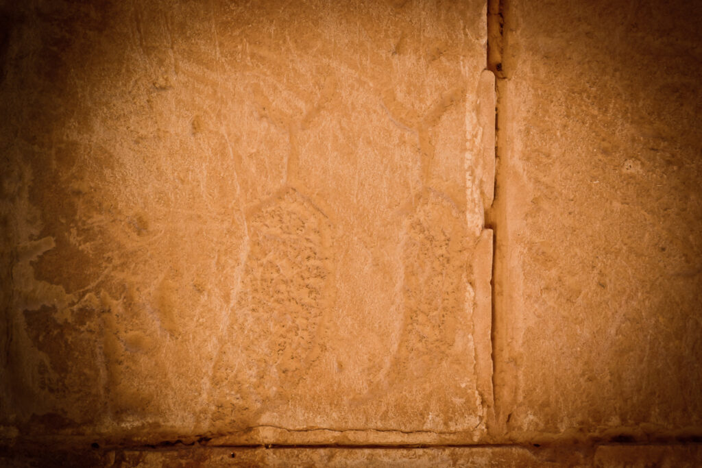 Antiche incisioni molto consumate sulla superficie di un blocco in pietra dell’anfiteatro di El Jem.